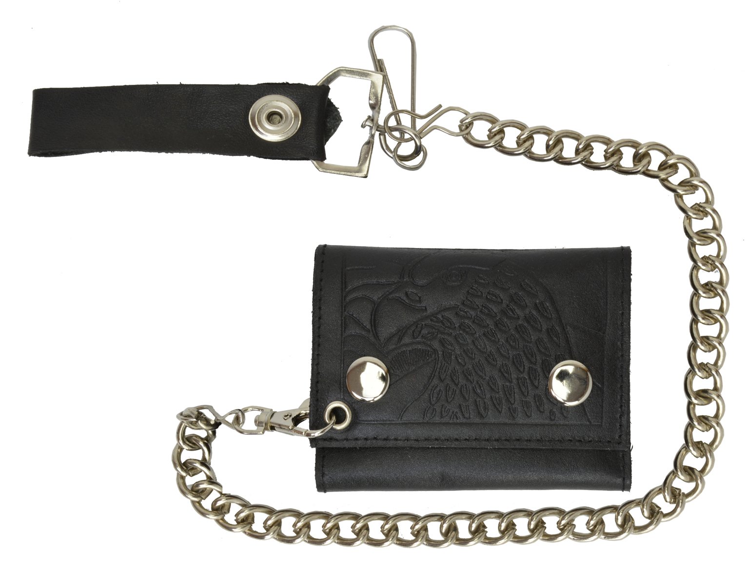 Men/'s Genuine Leather Black Eagle Trifold Wallet//Chain Biker Trucker Motorcycle